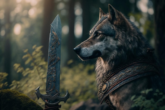 A wolf with a sword in the woods