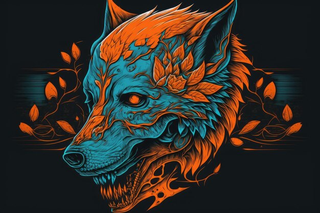 Wolf with vibrant orange and blue fur against a black background Generative AI