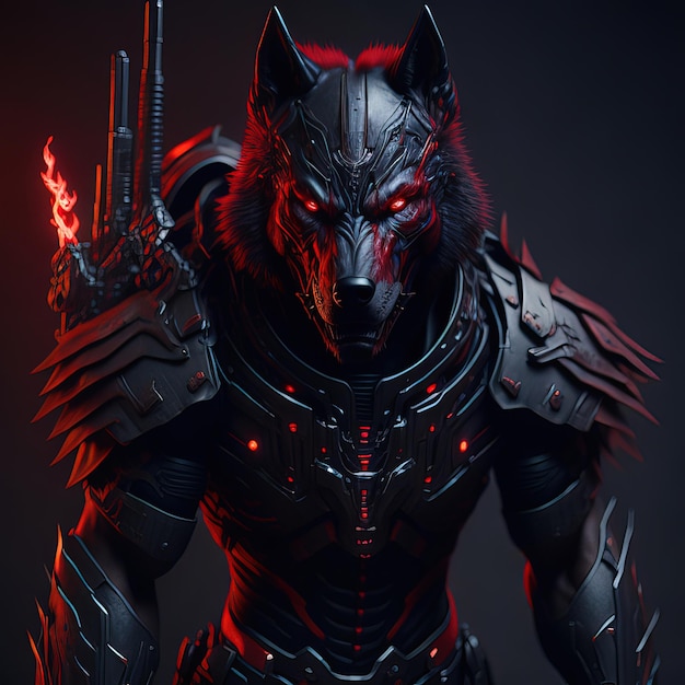손에 무기를 든 늑대가 어두운 배경 앞에 서 있습니다.