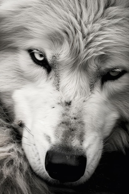 A wolf with a white face and blue eyes is shown.