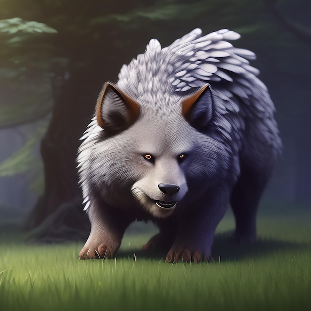 A wolf with white fur and blue eyes stands in a forest.