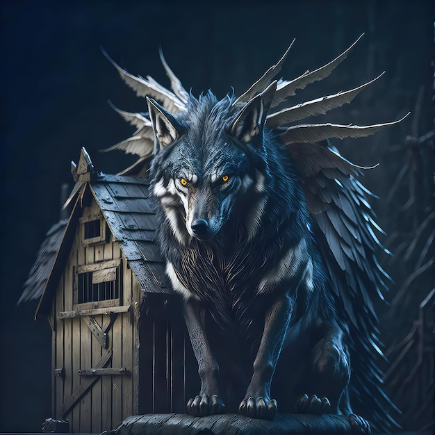 A wolf with wings and a bird on top of a house.