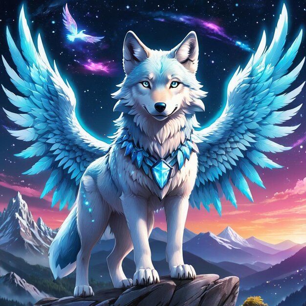 A wolf with wings above in the mountain