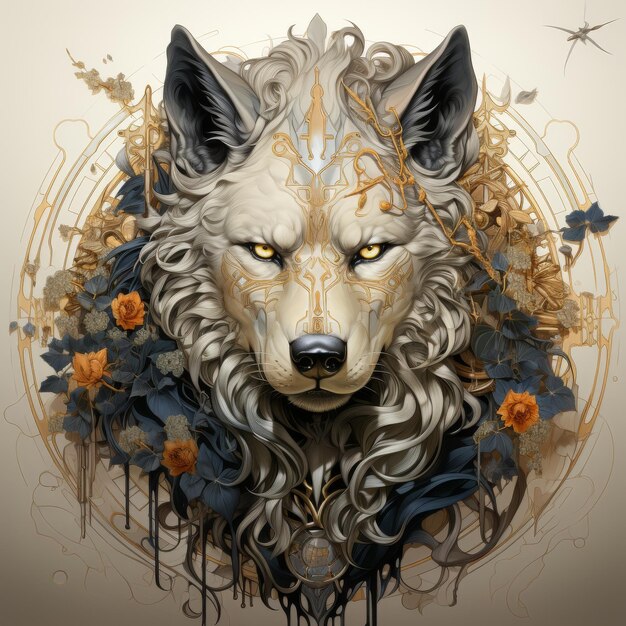 Photo a wolf with a wolf head and flowers in the background