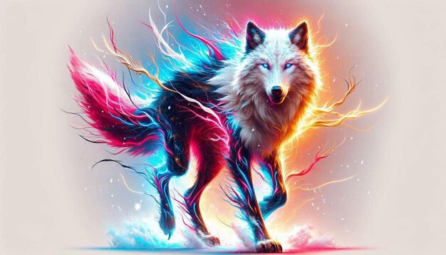 a wolf with a wolf on its back is painted with blue and purple colors