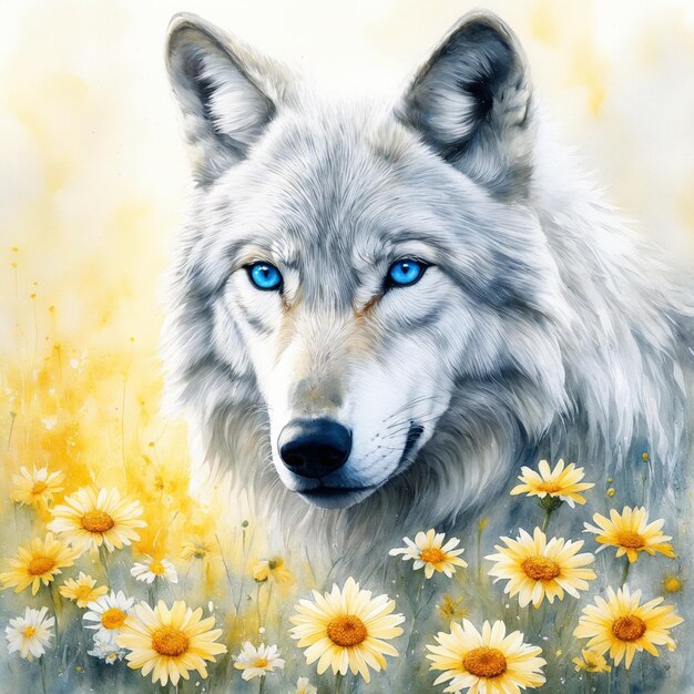 Wolf with yellow daisies illustration