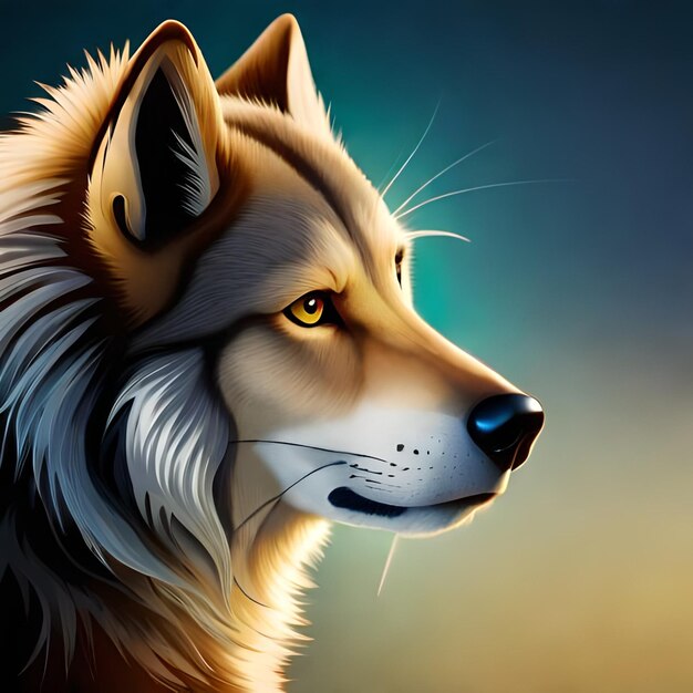 A wolf with yellow eyes and a blue background.