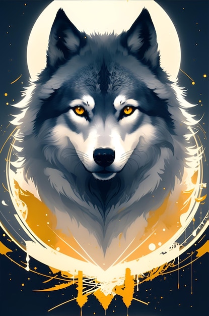 A wolf with yellow eyes and a blue background.