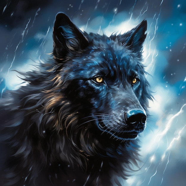 Premium AI Image | a wolf with yellow eyes and a dark blue background.