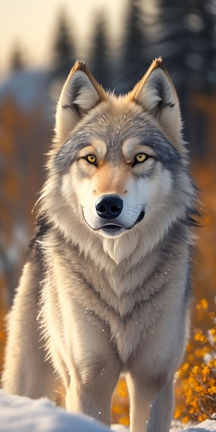 A wolf with yellow eyes and a yellow background.