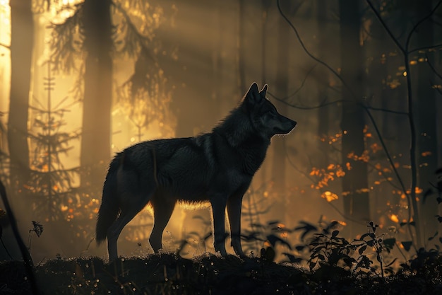 Photo wolf wolf silhouette in dark fantasy forest wolf