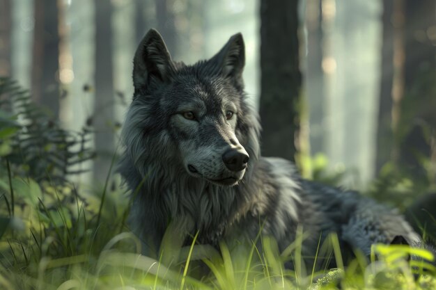 狼 狼 野生の灰色の犬 濃い森 柔らかい焦点