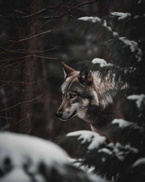 A wolf in the woods in winter