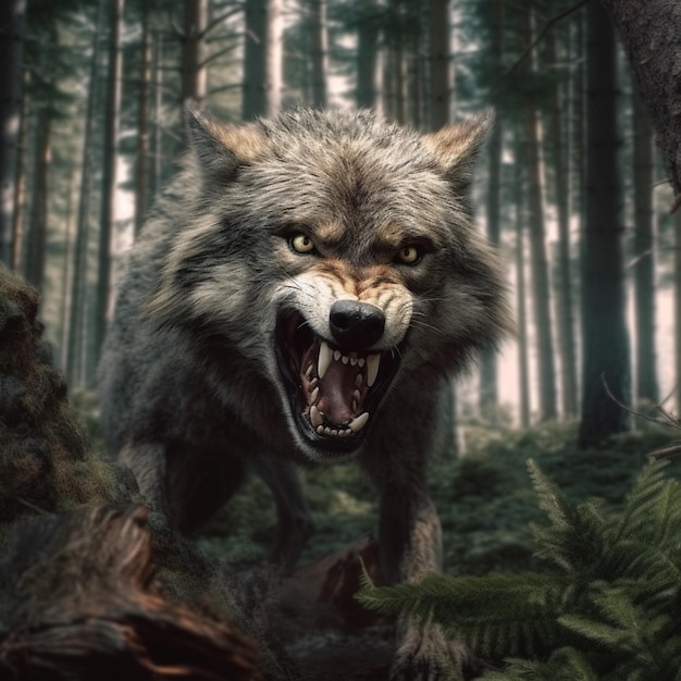 A wolf in the woods with a forest background