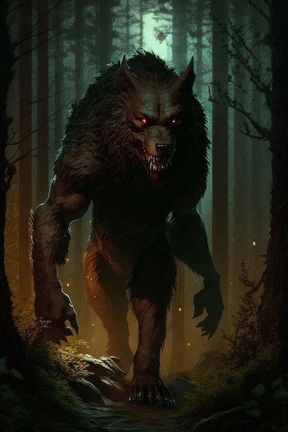 A wolf in the woods with a glowing eye.