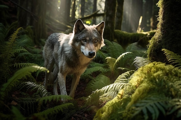 A wolf in the woods with the sun shining on its face