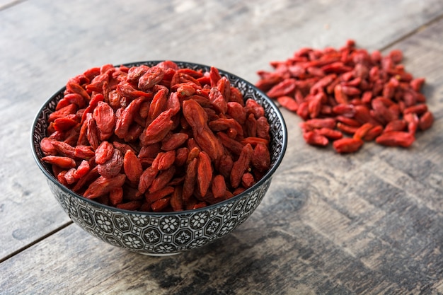 Wolfberries o bacche di goji in ciotola su superficie di legno