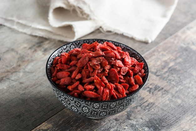 Wolfberries or Goji berries in bowl on wooden table