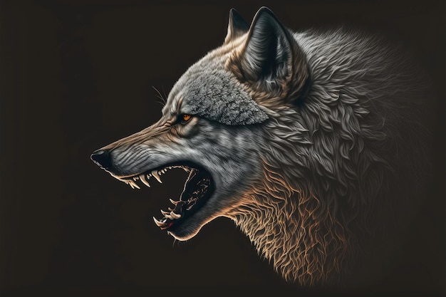 Wolfs mond met scherpe tanden wolfskop in profiel op zwarte achtergrond