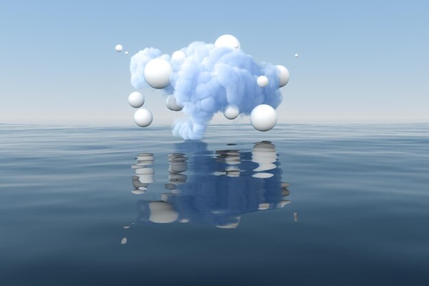 Foto wolk en geometrische figuur drijvend op het meer 3d-rendering