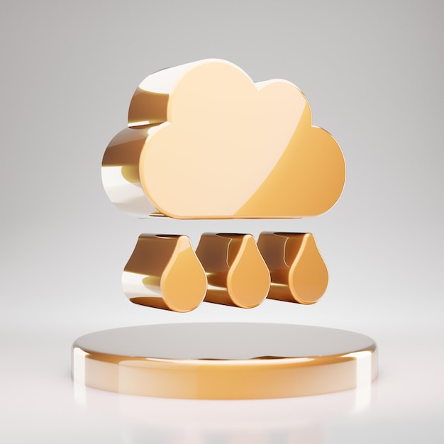 Wolk regen pictogram. Geel goud Cloud Rain-symbool op gouden podium. 3D-gerenderde sociale mediapictogram.