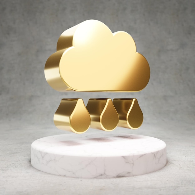 Wolk regen pictogram. Goud glanzend Cloud Rain-symbool op wit marmeren podium. Modern icoon voor website, sociale media, presentatie, ontwerpsjabloonelement. 3D render.