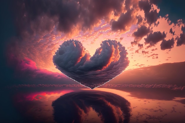 Wolk van liefde Luchtwolken in de vorm van een hart op een neonzonsondergang AI