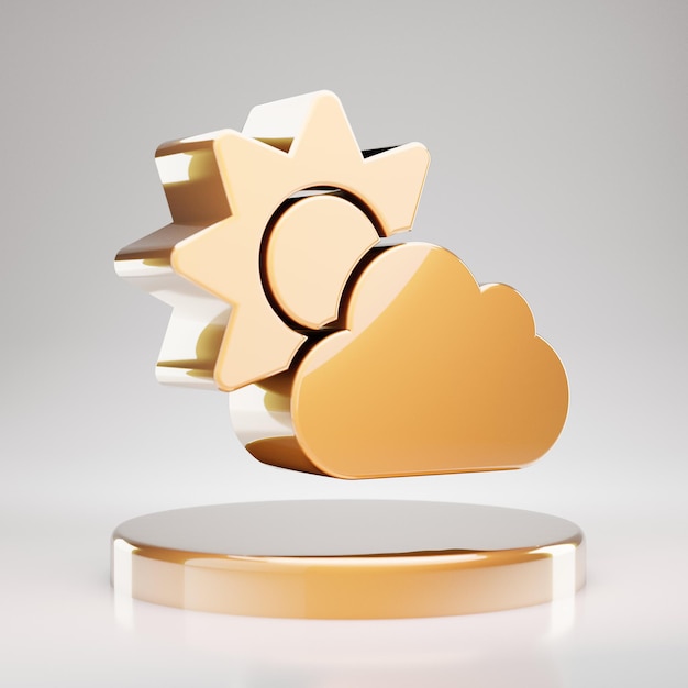 Wolk zon pictogram. Geel goud Cloud Sun-symbool op gouden podium. 3D-gerenderde sociale mediapictogram.