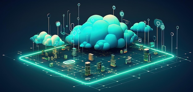 Wolken en circuitverbindingen opslag- en technologieconcept Generatieve AI