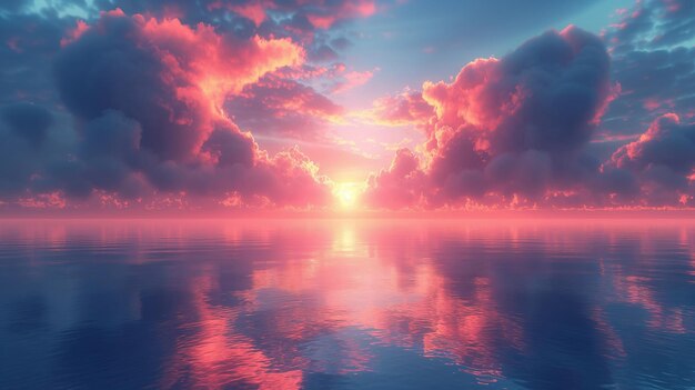 Foto wolken gekleurd in roze en oranje tinten over een rustige zee met de zon ondergaan aan de horizon