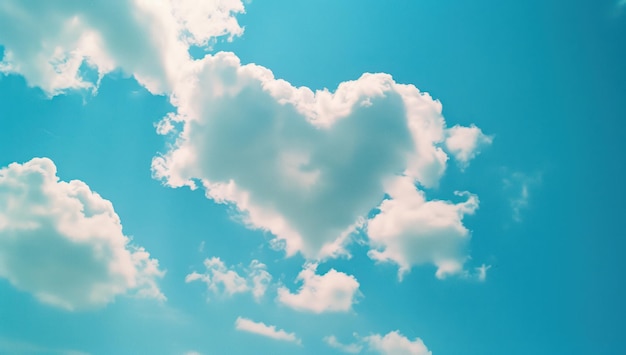 Wolken in de vorm van een hart en een heldere zon in een blauwe hemel Concept van liefde en geluk