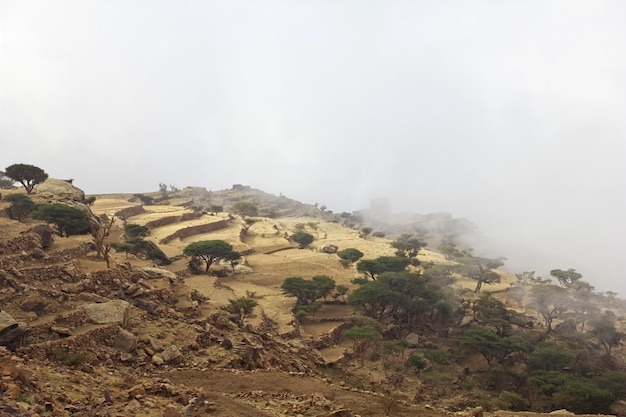 Foto wolken in tawila-dorp in bergen, yemen