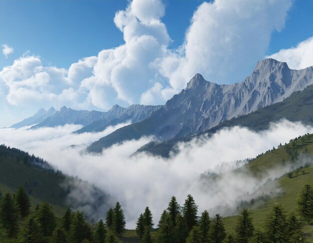 Foto wolken over een bergvallei met bomen op de voorgrond