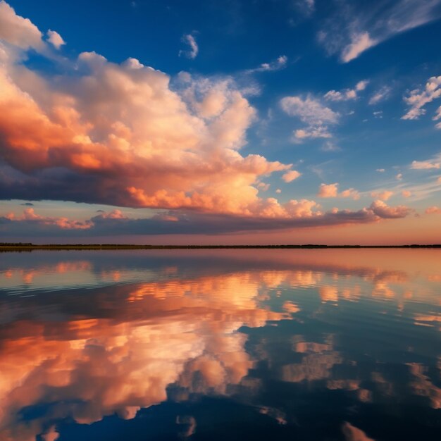 wolken worden weerspiegeld in het water van een meer bij zonsondergang generatieve ai