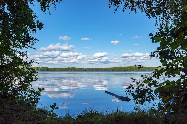 Wolken worden weerspiegeld in het wateroppervlak The Lake Is Large Vsevolozhsk Leningrad region