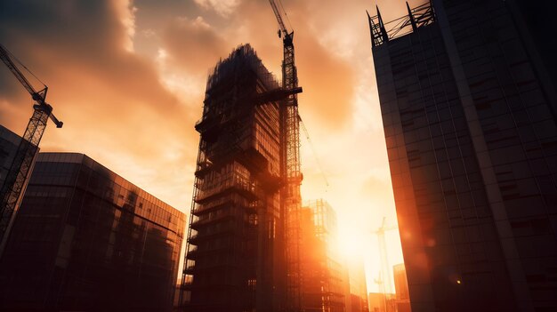 Wolkenkrabber gebouw in aanbouw in het site project veel torenkraan vindt plaats in de avond gouden uur zonsondergang in de stad