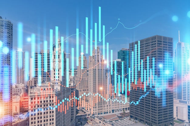 Wolkenkrabbers cityscape downtown weergave chicago skyline gebouwen mooie onroerend goed dag tijd forex financiële grafiek en grafiek hologram onderwijs bedrijfsconcept