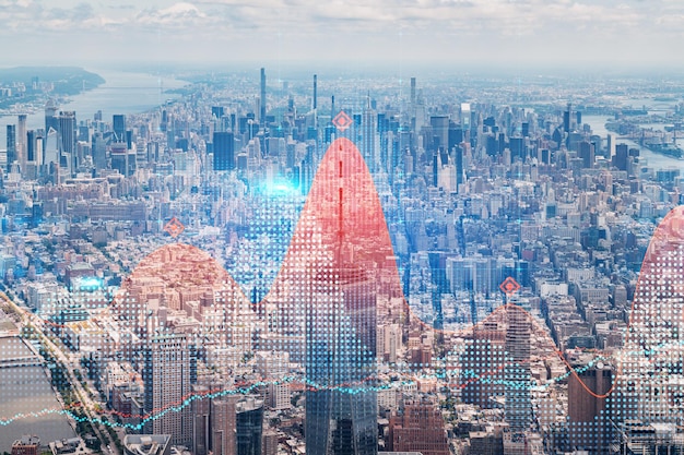 Wolkenkrabbers Cityscape Downtown weergave New York Skyline gebouwen mooie onroerend goed dag tijd Forex financiële grafiek en grafiek hologram Onderwijs bedrijfsconcept