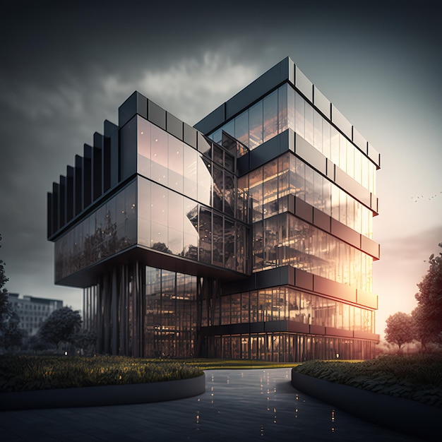 Wolkenkrabbers donker gebouw gevel stadslichten reflectie op glas Generatieve AI