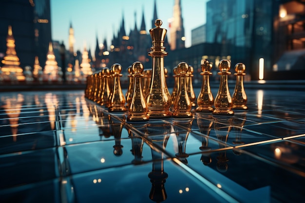 Wolkenkrabbers omringen schaakstukken die voortkomen uit de genialiteit van Generative AI