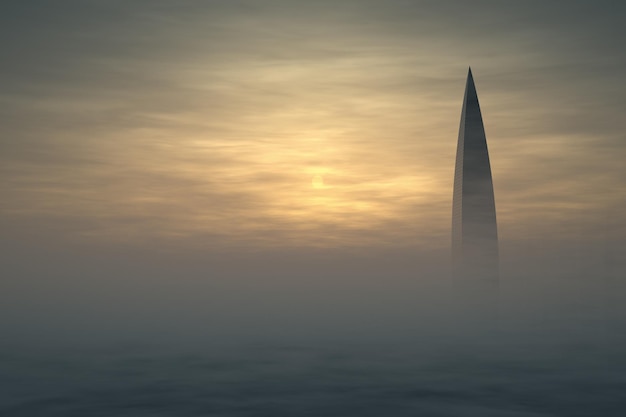 Wolkenkrabbers steken uit de mist. Stedelijk episch landschap. slapende stad