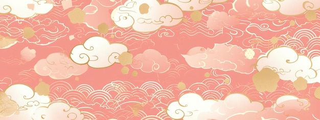 Foto wolkenpatroon roze achtergrond met witte wolkenpatronen en gouden decoratie in de japanse stijl