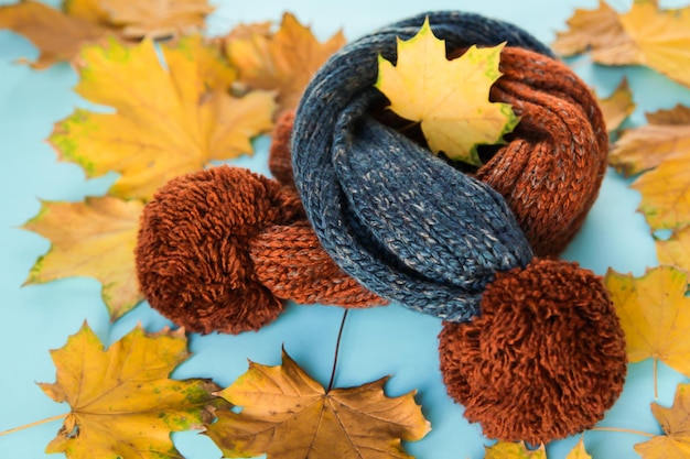 Wollen sjaal en herfstbladeren op blauwe achtergrond