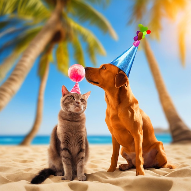 Wolrd Animal Day photo of one male dog and one female cat dog and cat both a birthday party hat