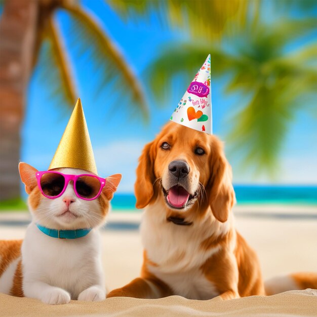 Foto foto della giornata mondiale degli animali di un cane maschio e di una gatta femmina, entrambi un cappello per la festa di compleanno