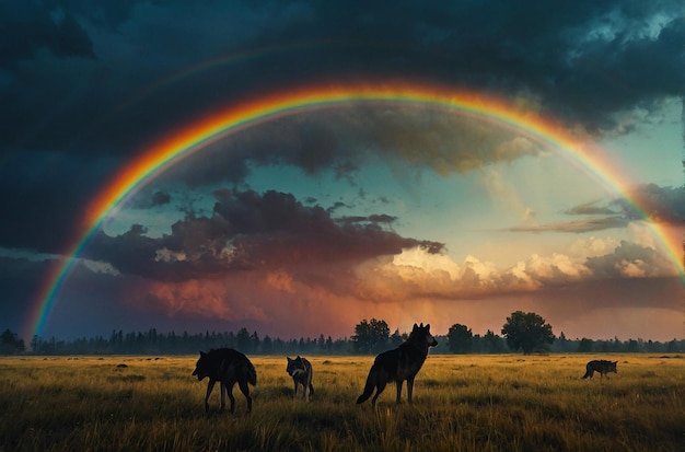 Wolvenroedel in silhouet onder regenbooghemel