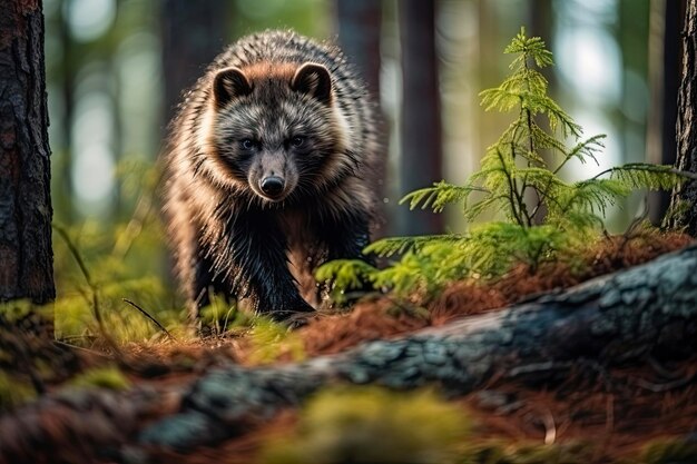 Photo wolverine in northern finlands taiga forest searching for prey among the pines