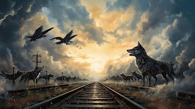 wolves on a railway track