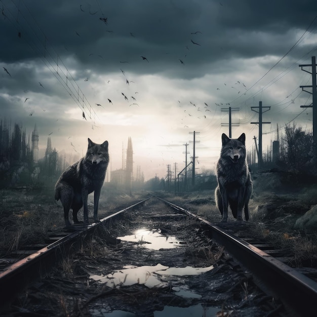 wolves on a railway track