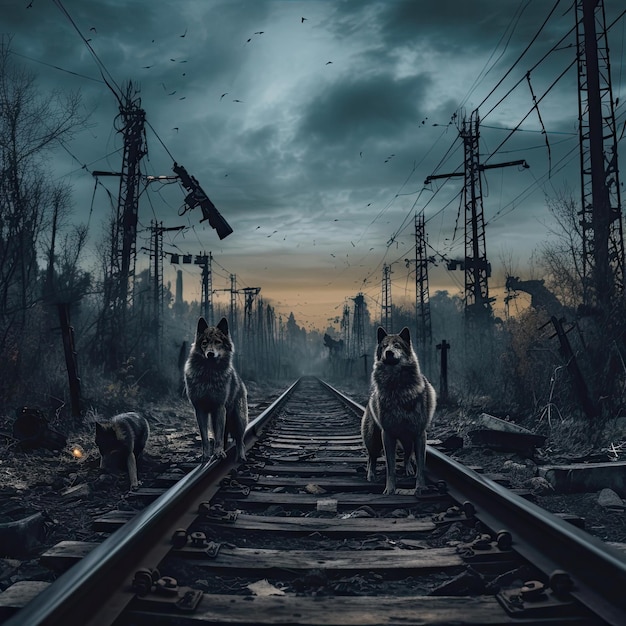 wolves on a railway track